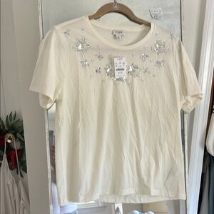 J. Crew Cream Short Sleeve Top with Silver Floral Accents